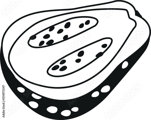Guava tropical fruit black-and-white vector illustration