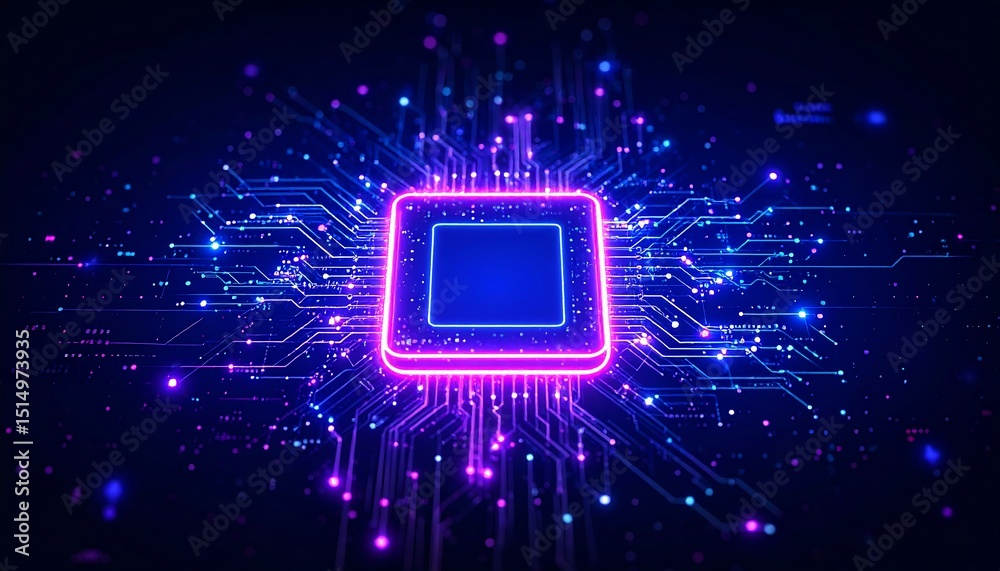 Obraz premium Neonlit computer processor with glowing circuit board, and future tech background.