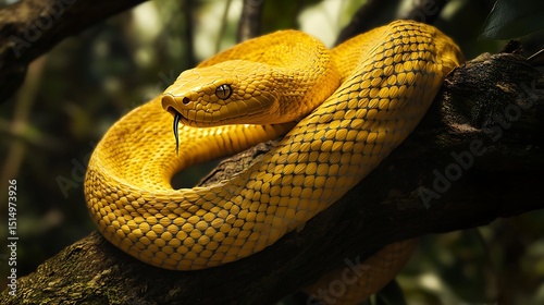 Golden Eyelash Viper Resting on a Branch with Tongue Sticking Out