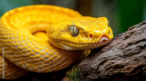 Golden Eyelash Viper Resting on Branch with Close-up Detailed View