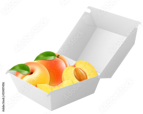 White food box with juicy peach. Packaging for hamburger, lunch, fast food, burger, sandwich isolated on white background. Packaging Cardboard Box Mockup, Realistic 3d Vector Illustration