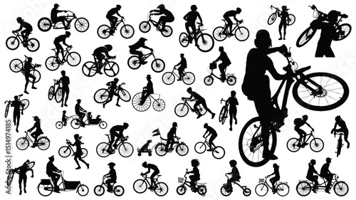 Cycling Silhouettes Vector Collection Pack: A diverse collection of cycling silhouettes, showcasing various cycling styles and activities, perfect for outdoor design projects.