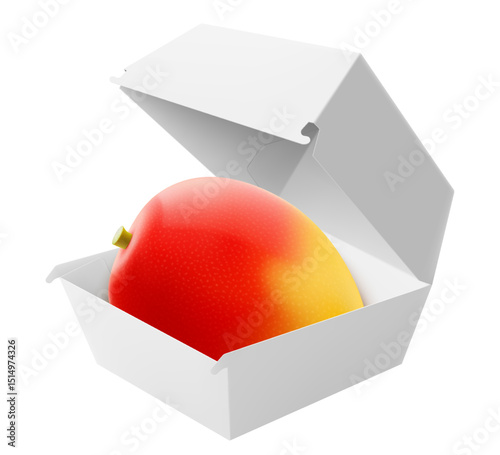 White food box with ripe mango fruit. Packaging for hamburger, lunch, fast food, burger, sandwich isolated on white background. Packaging Cardboard Box Mockup, Realistic 3d Vector Illustration