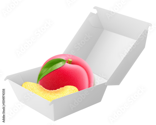 White food box with juicy plum. Packaging for hamburger, lunch, fast food, burger, sandwich isolated on white background. Packaging Cardboard Box Mockup, Realistic 3d Vector Illustration