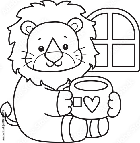 Outline of Cute Lion icon. Lineart of Funny baby Lion animal series stock illustration. life of fluffy Lion designs.