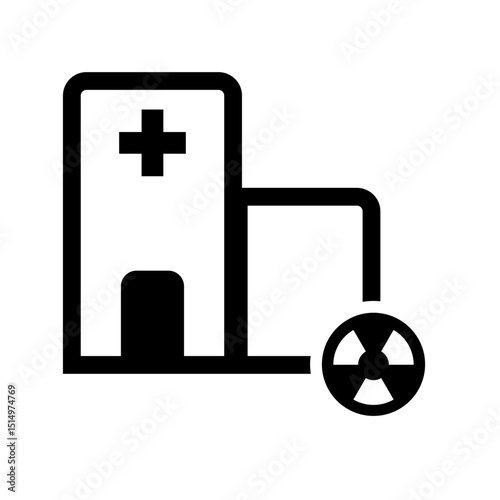Bold icon of a hospital with a radiation symbol. Ideal for healthcare, oncology, or nuclear medicine themes.