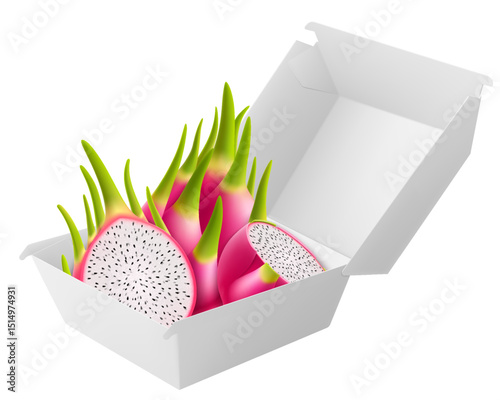 White food box with juicy dragon fruit. Packaging for hamburger, lunch, fast food, burger, sandwich isolated on white background. Packaging Cardboard Box Mockup, Realistic 3d Vector Illustration