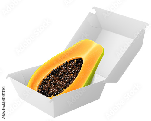 White food box with juicy papaya. Packaging for hamburger, lunch, fast food, burger, sandwich isolated on white background. Packaging Cardboard Box Mockup, Realistic 3d Vector Illustration
