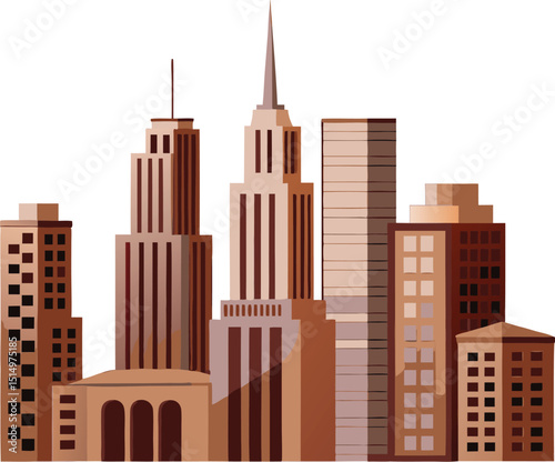 Architectural illustration featuring a collection of stylized city skyscrapers showcasing an urban cityscape design element for creative concepts and design projects