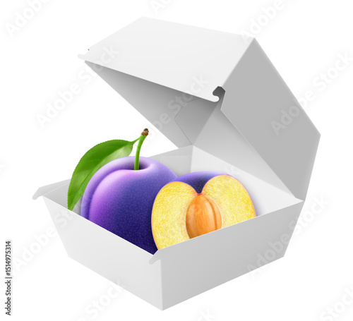 White food box with juicy plum. Packaging for hamburger, lunch, fast food, burger, sandwich isolated on white background. Packaging Cardboard Box Mockup, Realistic 3d Vector Illustration