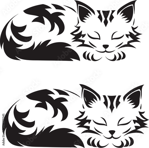 Black and white sleeping cat illustration with stylized fur detail featuring two identical relaxed feline drawings in a vector format