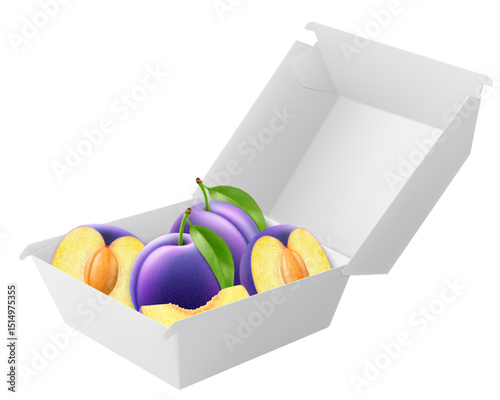 White food box with juicy plum. Packaging for hamburger, lunch, fast food, burger, sandwich isolated on white background. Packaging Cardboard Box Mockup, Realistic 3d Vector Illustration