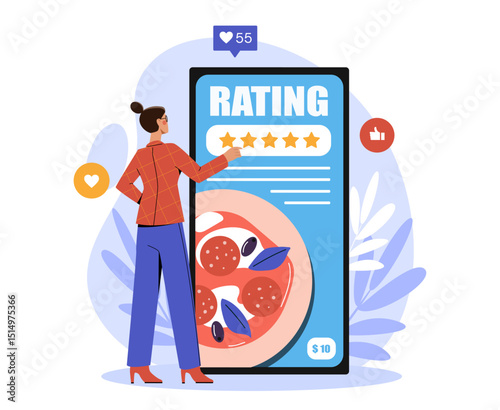 Woman giving five-star rating to food on large smartphone screen, flat cartoon style, abstract background with leaves, concept of online food review. Vector illustration