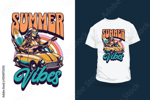 Beach summer design for t-shirt. Ocean wave artwork for  apparel, sticker, poster and others. Good vibes.