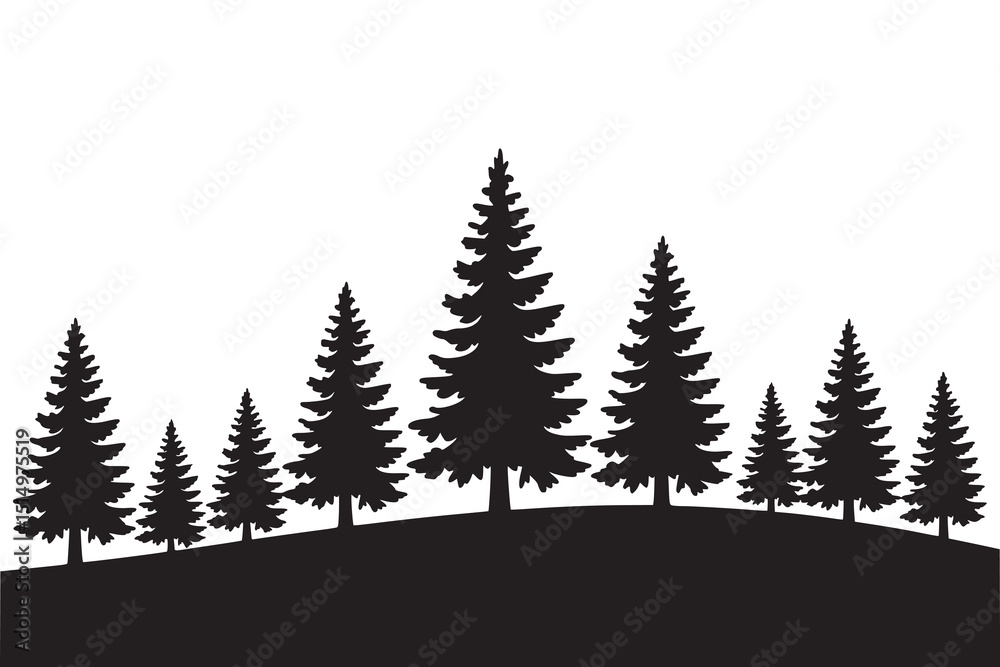 Obraz premium Silhouette of Pine Trees on Hill Landscape Vector Illustration