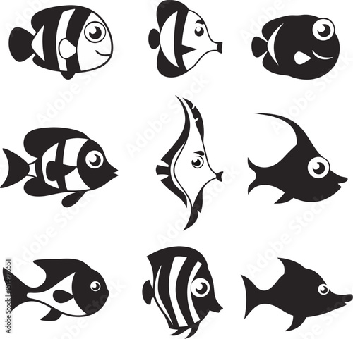 Collection of adorable black and white vector fish silhouettes in diverse styles for ocean marine and underwater themed designs
