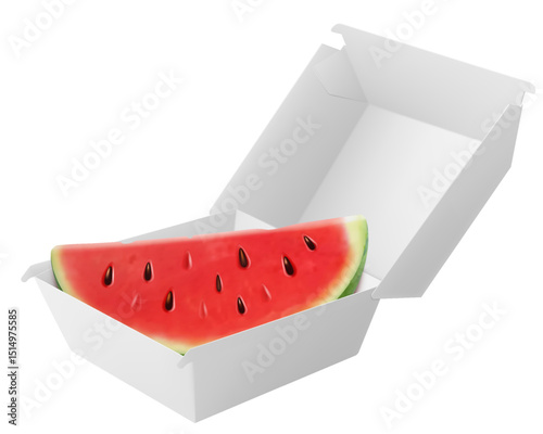 White food box with juicy watermelon. Packaging for hamburger, lunch, fast food, burger, sandwich isolated on white background. Packaging Cardboard Box Mockup, Realistic 3d Vector Illustration