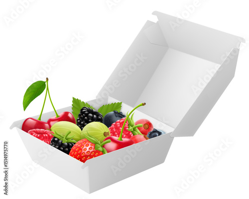 White food box with ripe strawberries, blueberries, cherries and raspberries. Packaging Cardboard Box Mockup, Realistic 3d Vector Illustration