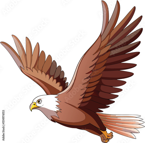 Majestic cartoon eagle in flight depicted with bold brown and white feather colors against a clean white background depicting strength freedom and national symbolism