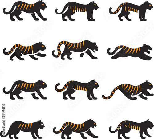 Stylized vector illustration of a collection of black tigers with orange striped details in various poses for creative design