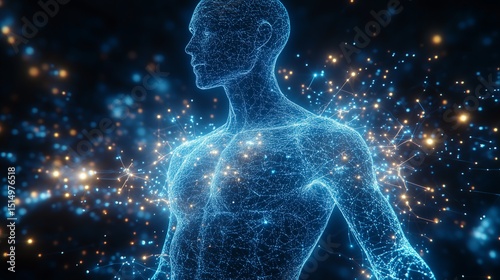 Digital Anatomy: A Luminous Human Figure Composed of Glowing Blue Particles