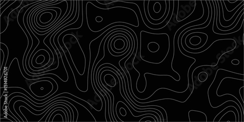 Abstract white on black background with Topographic line map pattern. abstract wavy and curved lines background. linear map. Dark seamless design. Bold tile able isolines pattern. Vector illustration.