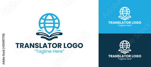 Professional Translator Logo with Globe and Book Design in Blue