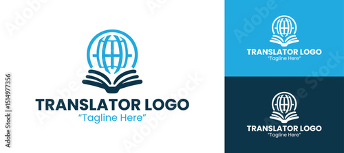 Simple Translator Logo with Globe and Open Book Design in Blue