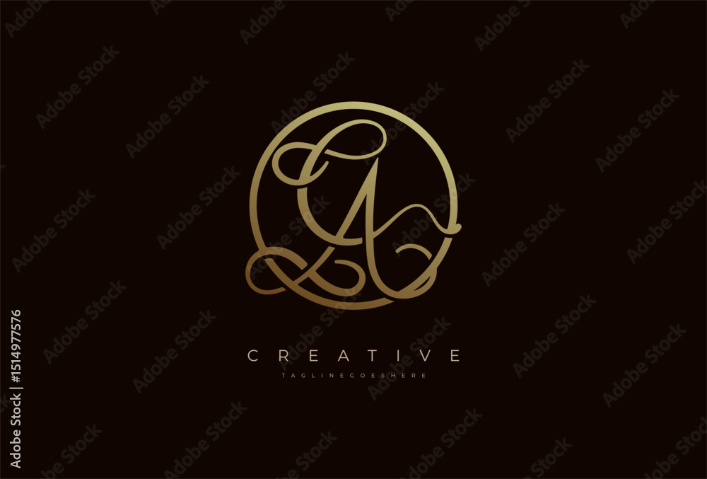 Fototapeta premium Abstract initial letter CA calligraphy Logo, Luxury letter CA in gold circle design, vector illustration
