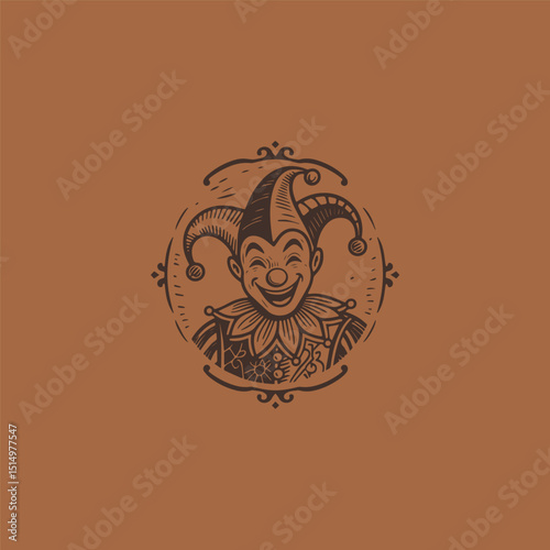 Medieval Jester clown engraving style logo design vector