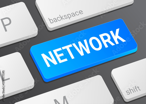 Close Up Network Button on Laptop or Computer Keyboard for Internet Connectivity, Data Transfer, and 3D Technology Illustration