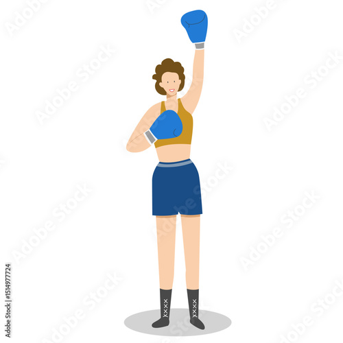 Vector illustration of a Female boxer raises her hand to show her champion status. isolated on a white background.
