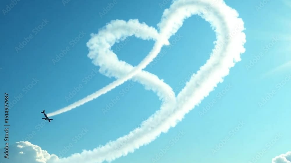 Airplane creating heart-shaped smoke trail against a clear blue sky with fluffy clouds in the background