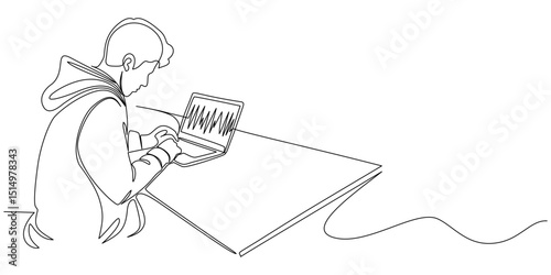 Continuous one line drawing of a man working on a laptop at a table, minimalist single line art vector illustration in black and white