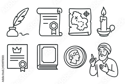 Historical story elements outline icons set: simple, narrative, and storytelling symbols