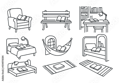 Cozy reading spaces outline icons set – comfy, book nook, leisure symbols