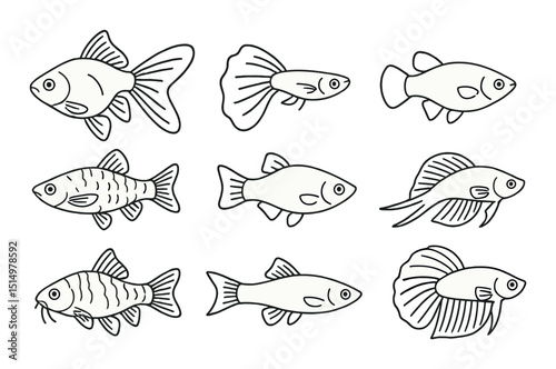 Freshwater aquarium outline icons set – aquatic, fish and marine life symbols