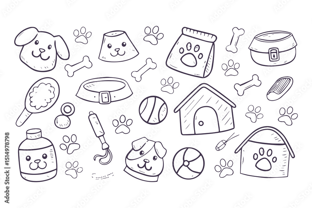 Fototapeta premium Hand Drawn Dog Accessories and Pet Supplies Doodle Set. Bowls, Bones, Toys, Grooming Items, Paw Prints, Treats, and Dog House Icons vector illustration.