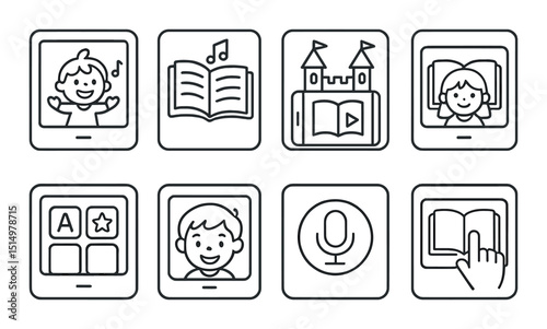 Interactive children's ebook icons set – line, reading, education, storytelling graphics