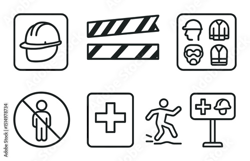 Worksite safety outline icons set – linear, construction and hazard warning signs