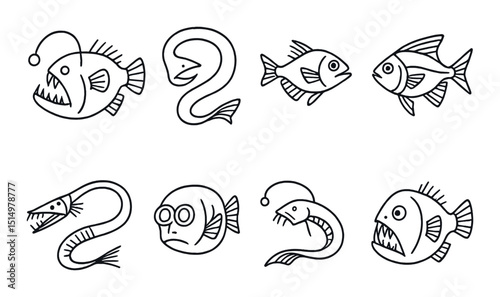Deep sea fish silhouette icons set – marine, underwater and oceanic symbols