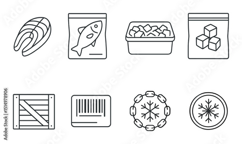 Frozen fish packaging outline icons set – silhouetted, seafood and storage symbols