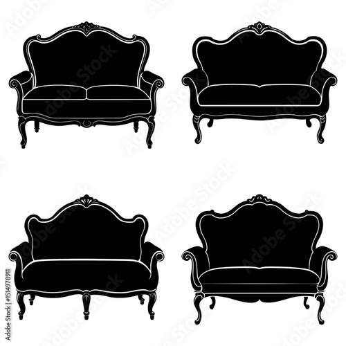 Collection of four ornate black silhouette sofas with decorative frames and curved legs on white backdrop