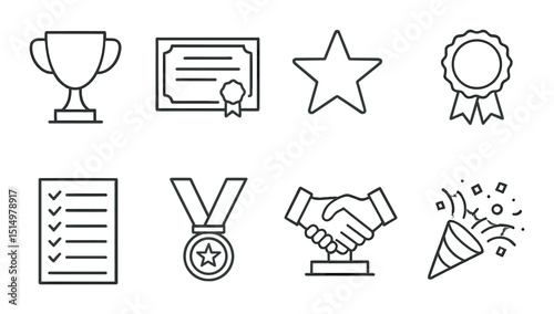 Educational awards silhouette icons set – certificates, medals, and achievement symbols