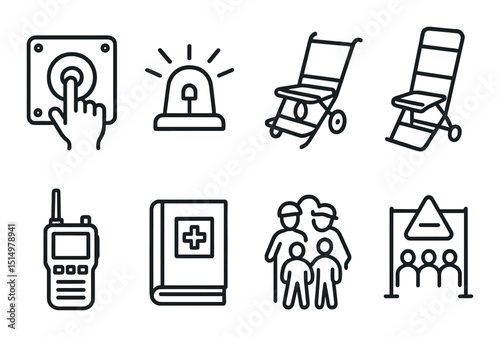 Emergency training outline icons set – safety, preparedness and first aid symbols