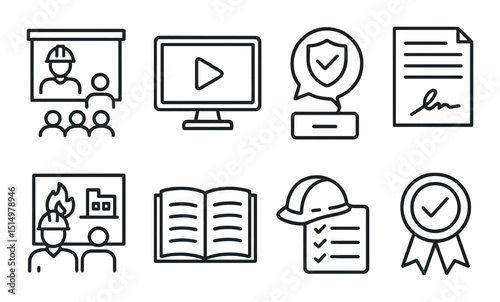 Workplace safety line icons set – outline, protection and hazard symbols for compliance
