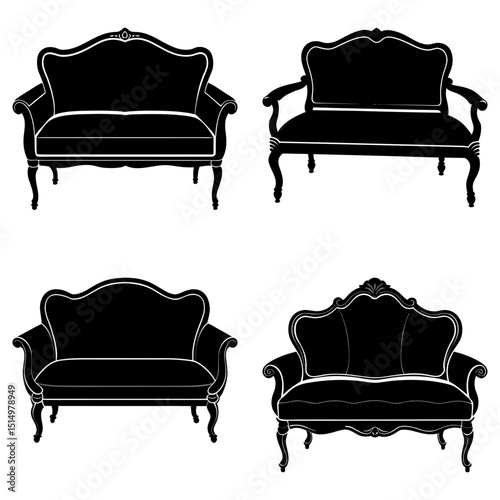 Four vintage black sofas with ornate details arranged in a square format on a white background
