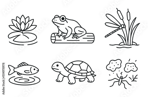 Pond ecosystem outline icons set – aquatic, nature and wildlife symbols