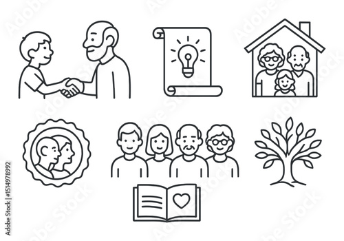 Family and generations line icons set – outline, relationships and heritage symbols