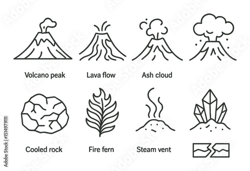 Volcano outline icons set – eruption, mountain, and geology symbols